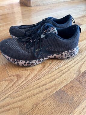 Brooks Women’s Black Running Shoes with Leopard-Print Midsole Used Condition